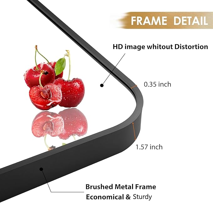 24x32 Inch Black Wall Mirror for Bathroom, Brushed Metal Framed Mirror with Rounded Corner, Rectangle Bathroom Vanity Mirror for Bedroom or Living Room, Horizontal/Vertical