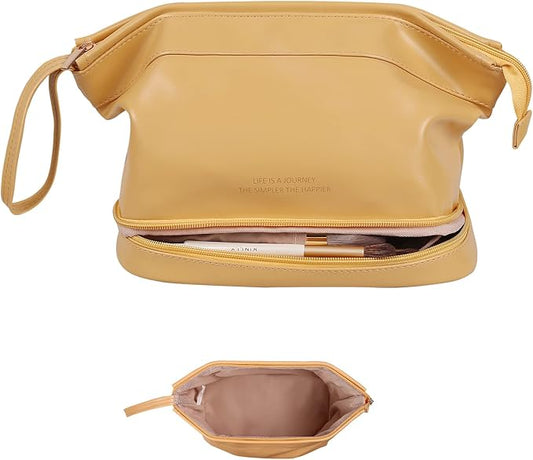 Abiudeng Large Capacity Makeup Bag Ladies Cosmetic Bag Travel Bag with Compartments Portable PU Leather Travel Makeup Bag with Handle