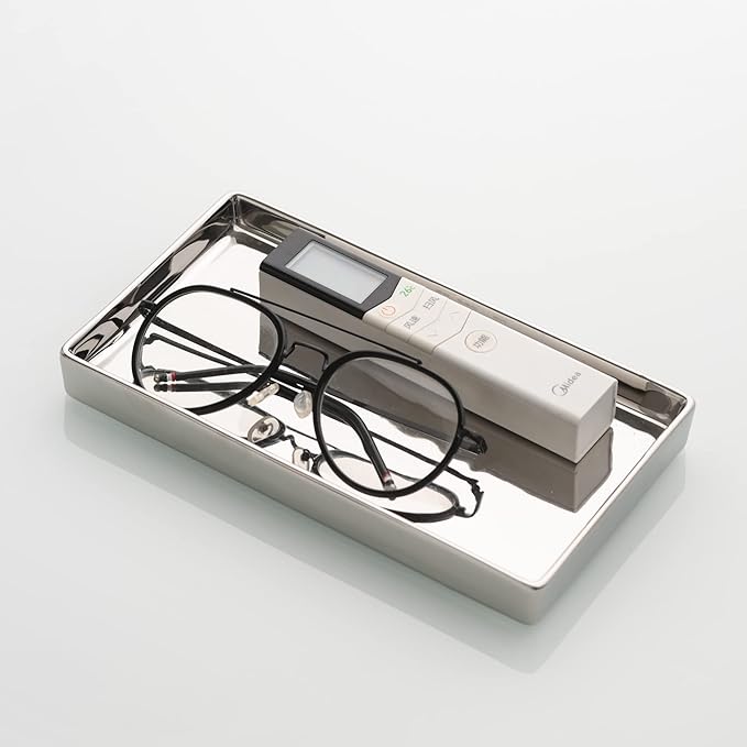 Jewelry Holder Ceramic Trinket Tray Rectangte Vanity Makeup Mirror Tray Silvery Small