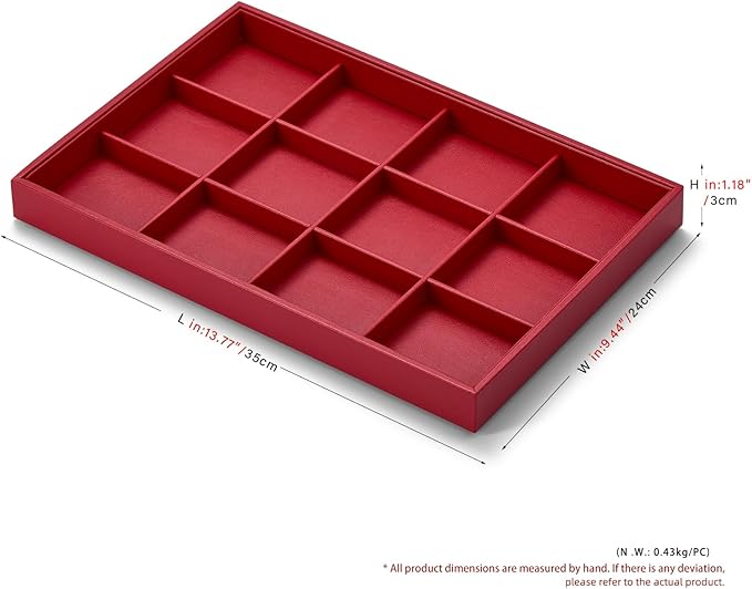 12 Grids Leather Jewelry Trays Bracelets Tray Stackable Jewelry Organizer Trays for Drawer Bracelet Holder For Bracelet Bangle Earrings Watches Storage (Red)