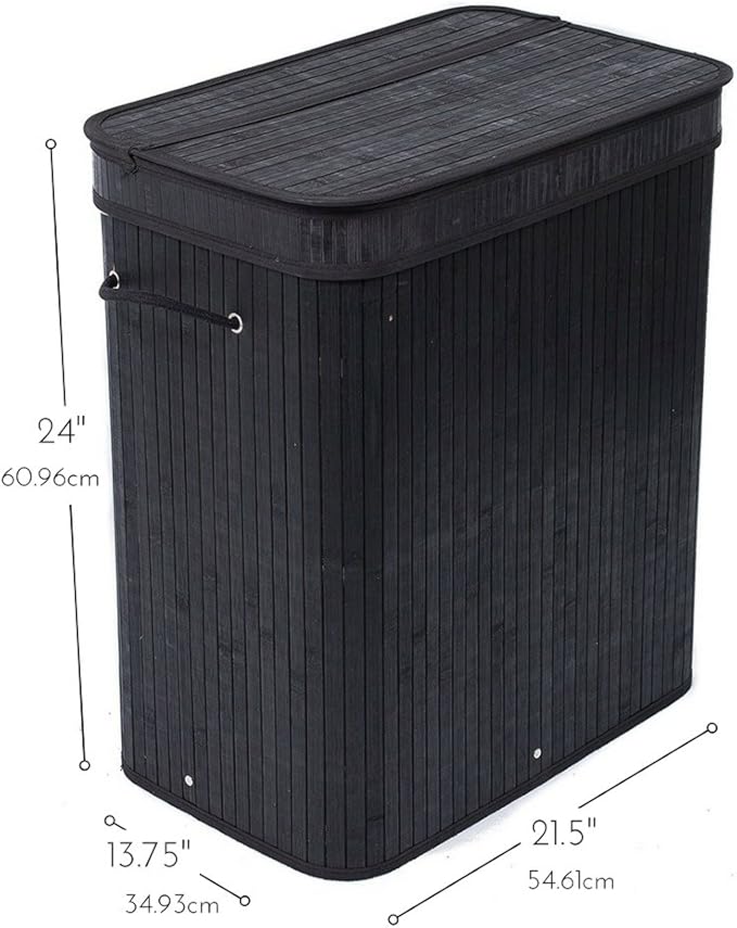BIRDROCK HOME Double Laundry Hamper with Lid and Cloth Liner - Bamboo - Black - Easily Transport Laundry Basket - 2 Section Collapsible Hamper - String Handles