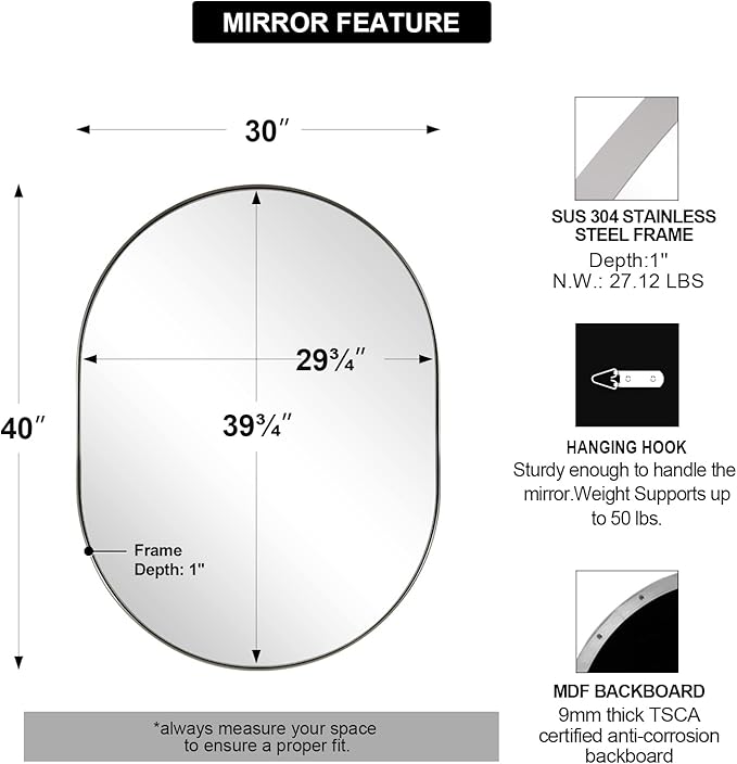 ANDY STAR Rustproof Oval Mirror for Bathroom, 30x40 Inch Chrome Mirrors for Bathroom, Oval Vanity Mirrors Polished Chrome Stainless Steel Frame 1’’ Deep Hang Vertically & Horizontally