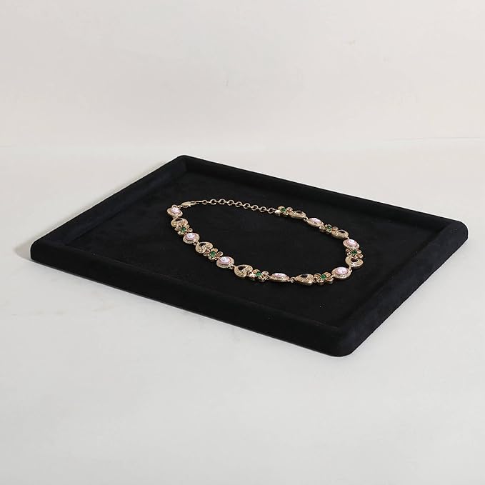 Rectangle Jewelry storage organizer plate, Velvet Jewerly display tray, Empty showcase tray for Necklace Bracelet Ring Earring【Black-Medium, 11.8 x 8.7 in 】