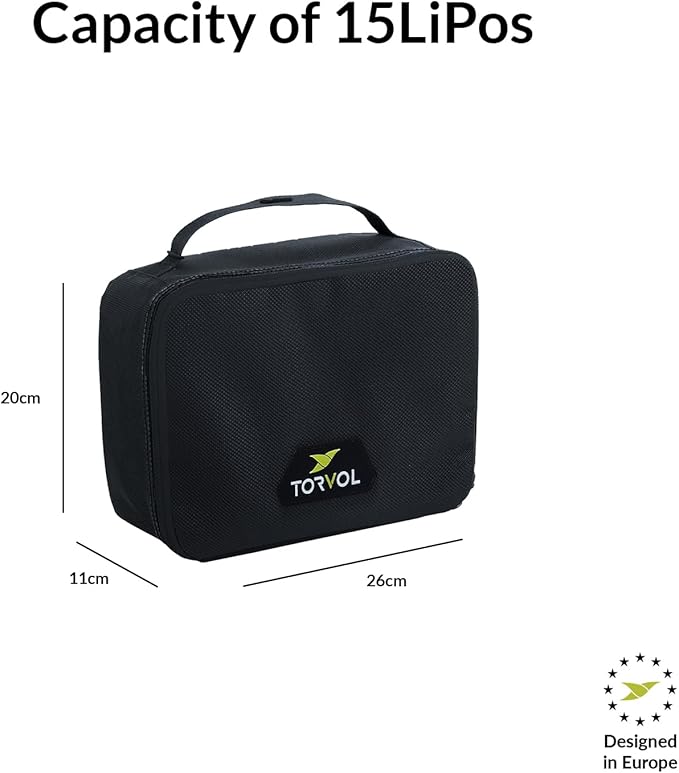 Torvol – LIPO SAFE BAG, Compact LiPo Battery Bag Fireproof, Stores up to 15 LiPo Batteries, Compatible Quad PITSTOP Backpacks, Battery Storage Organizer, 11 × 26 × 20 cm, Black