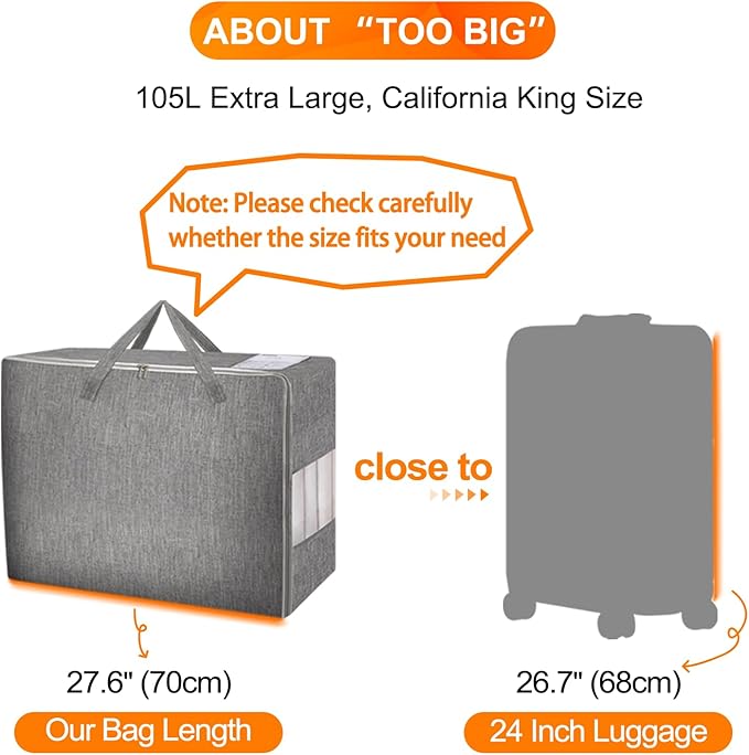 3 Pack 105L Comforter Storage Bags, Extra Large Bedding Storage Bags with Sturdy Zipper and Reinforced Handle, Clear Window, Moving Closet Organizers for Comforters and Blankets, Pillows