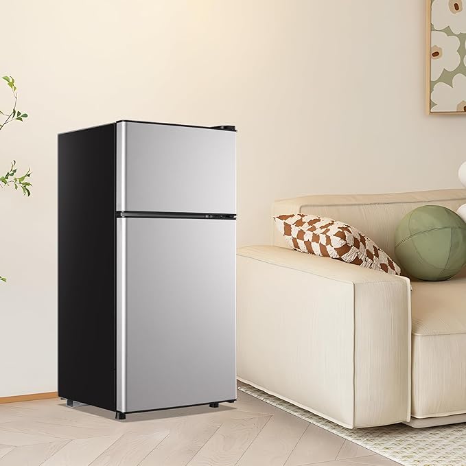 2.4 Cu.ft Mini Fridge with Double Doors Silver Small Refrigerator with Separate Freezer & 7 Adjustable Temperature Control, Tiny Size & Personal Fridge Ideal for Office Apartment Dorm
