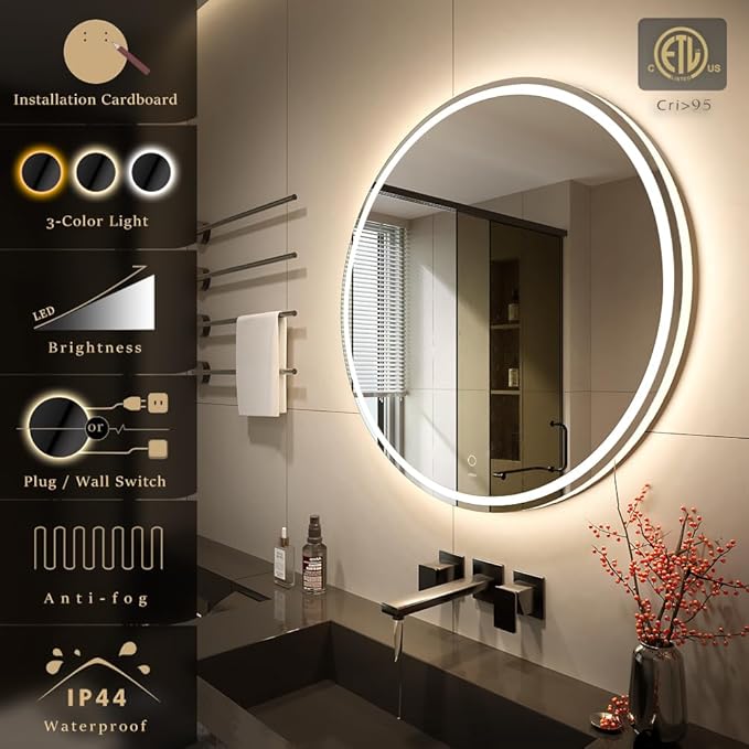 KWW 32 Inch Large Modern LED Round Bathroom Vanity Mirror, Color Temperature Adjustable, Anti-Fog Dimmable Lights, Easy to Install, Wall Mounted Makeup Mirror with Smart Touch Button