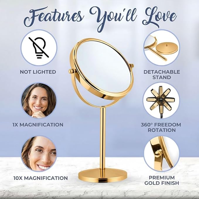 MIRRORVANA 10X Magnifying Makeup Mirror on Round Stand for Tabletop, Bedroom Vanity Desk and Bathroom Counter - Free Standing Double Sided 10X/1X Magnification Mirror - 7" Wide and 14" Tall (Gold)