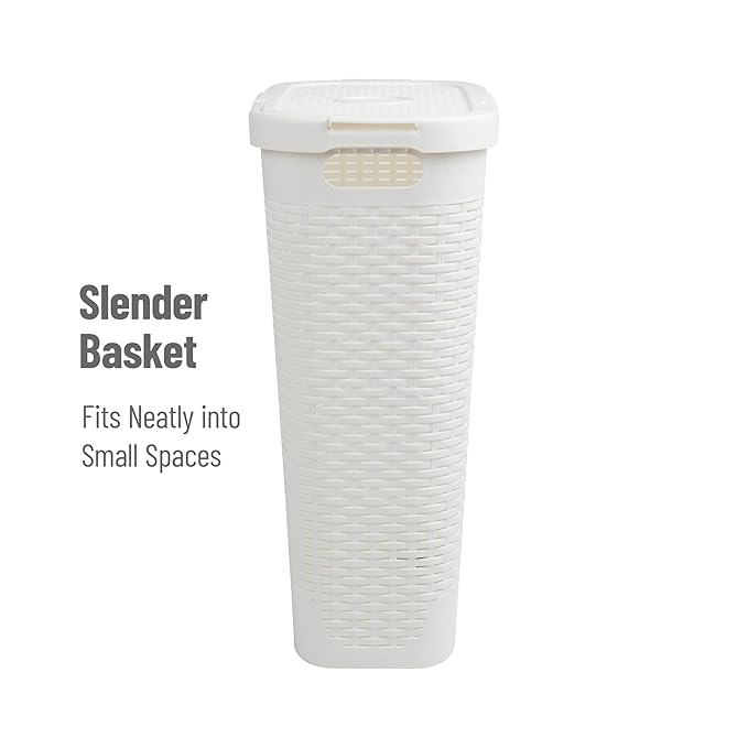 Mind Reader 40L Slim Laundry Hamper, Clothes Basket, Lid, Premium Wicker Design, Plastic, Set of 3, White
