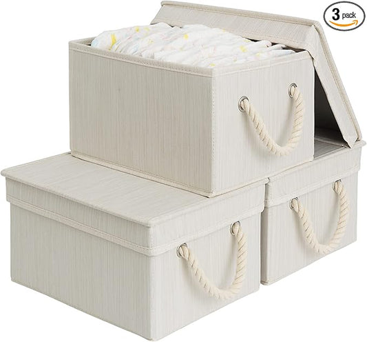 StorageWorks Storage Bins with Lids, Decorative Storage Boxes with Soft Rope Handles, Foldable Stackable Storage Baskets for Closet, Shelves, 3-Pack, Ivory and White, Medium