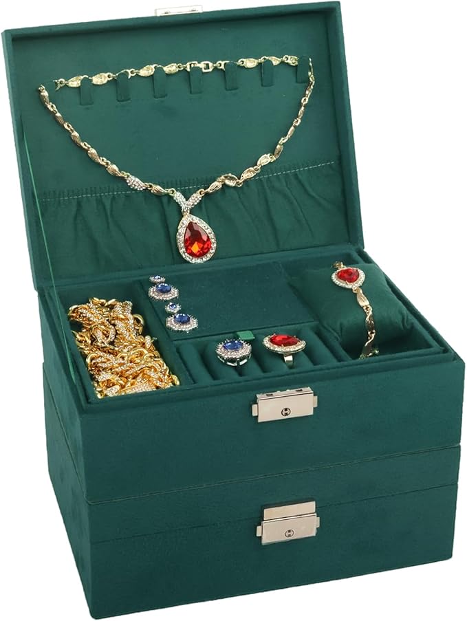 Nsmykhg Velvet Jewelry Box Organizer - 2 Pack Lockable 2 Layer Travel Case with Removable Tray, Jewelry Storage for Women & Men, Jewelry Display Case for Rings, Necklace, Earrings (Green)