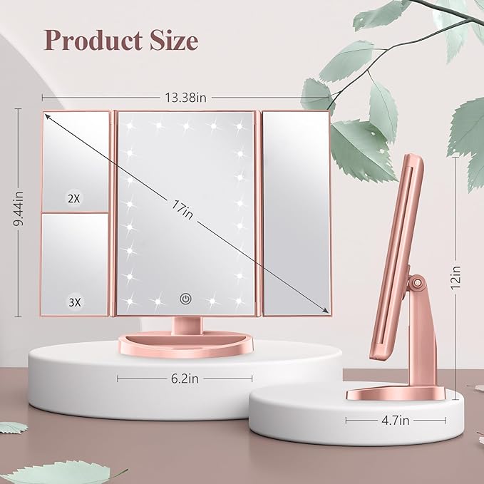 HUONUL Makeup Mirror, Vanity Mirror with Lights, 2X/3X/10X Magnification, Touch Control, Trifold, Dual Power Supply, Valentines Day Gifts for Her,Gifts for Women, Wife, Mom, Girls,Dorm Room Essentials