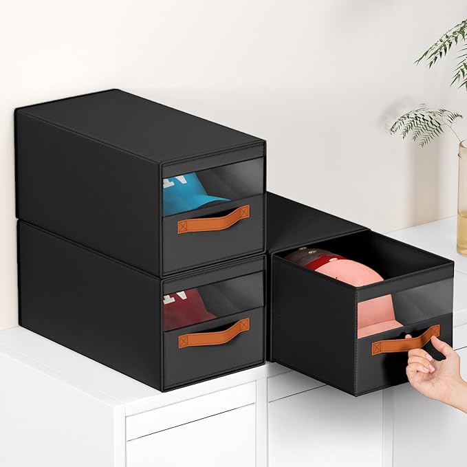 Hat Organizer for Baseball Caps - 3 Pack Pull-Out Drawer Hat Storage Organizer Box with Clear Window, Stackable Closet Cap Holder, Baseball Cap Organizer for Closet, Bedroom, Home, Black