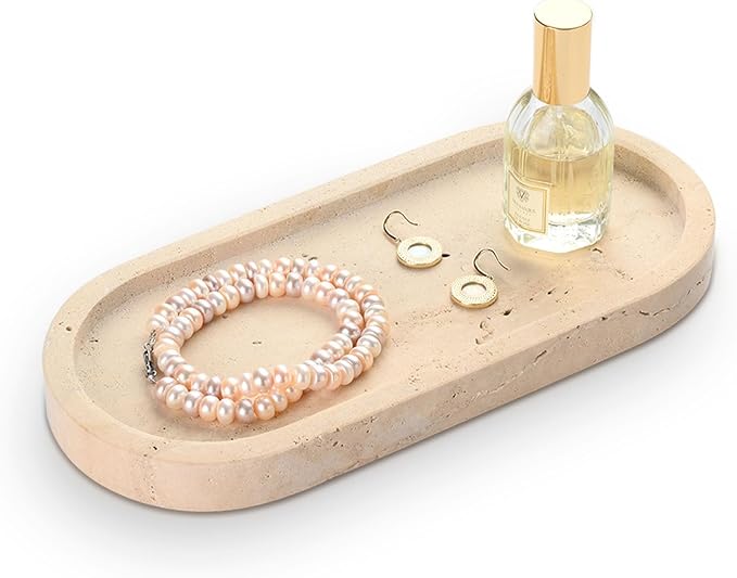 Bathroom Vanity Tray, Natural Marble Oval Sink Tray 10 inch, Beige Travertine Vanity Tray for Soap Dispenser Modern Countertop Organizer for Kitchen Countertops, Home Decor