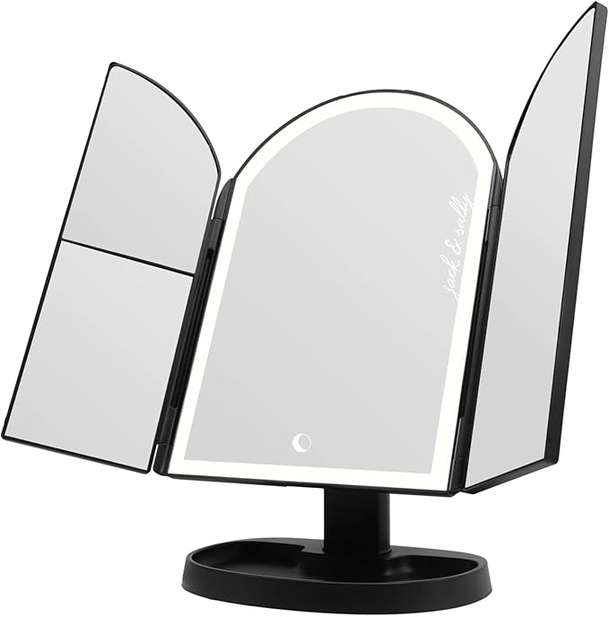 Impressions Vanity Jack and Sally Arch Trifold LED Makeup Mirror for Desk, 3 Way View Foldable Vanity Mirror with Lights with 2X and 3X Magnification, Adjustable Tilt and Soft Touch