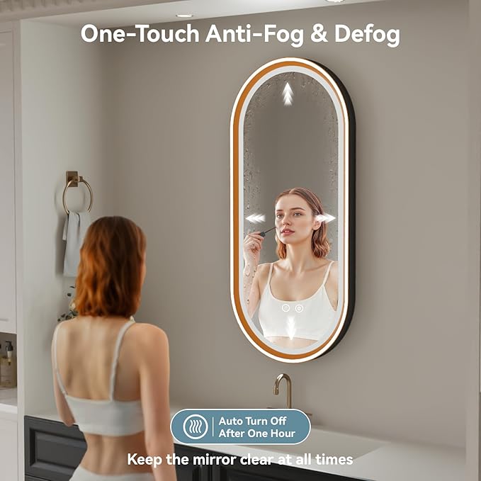 Led Bathroom Mirror with Lights, 20'' x 43'' Oval Heavy Duty Aluminum Frame Bathroom Vanity Mirror with Lights, 3 Colors, Brightness Stepless Dimmable, Anti-Fog, Memory Function, Double LED Orange