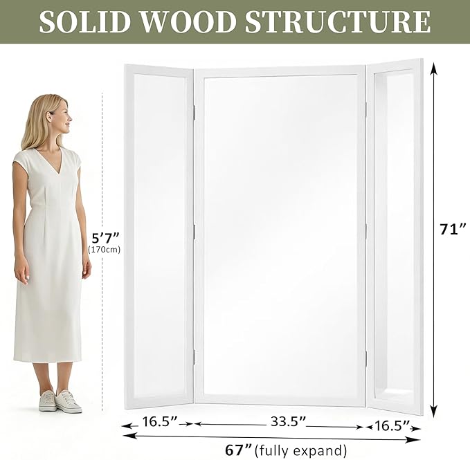 3 Way Mirror Full Length with Tempered Glass 71"x67", 3 Panel Oversized Trifold Floor Mirror with Wood Frame, Decorative Folding Mirror for Home,Wedding Dress/Clothing Shop/Bedroom/Closet (White)