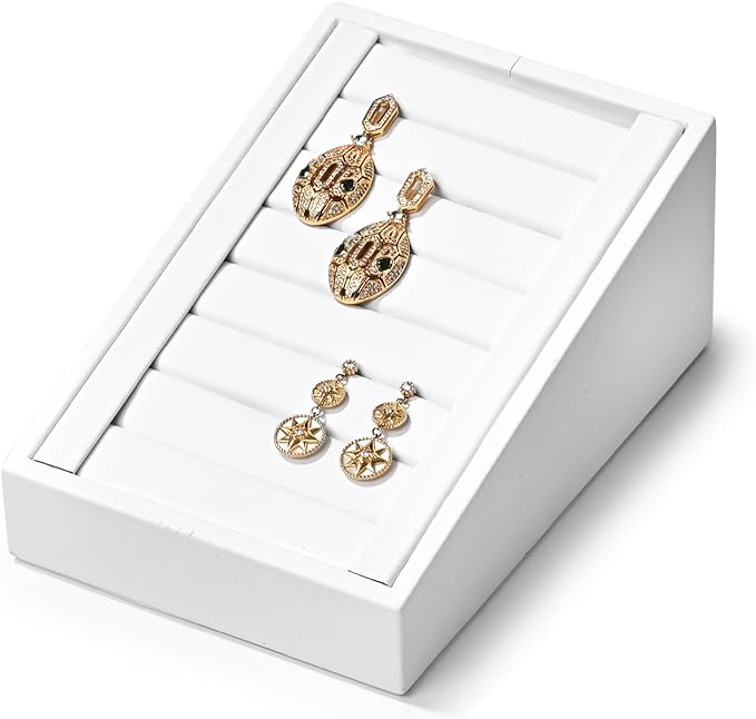Premium Ring Display Tray Organizer Holder - PU Leather Rings/Earrings Stand Bearer (White)