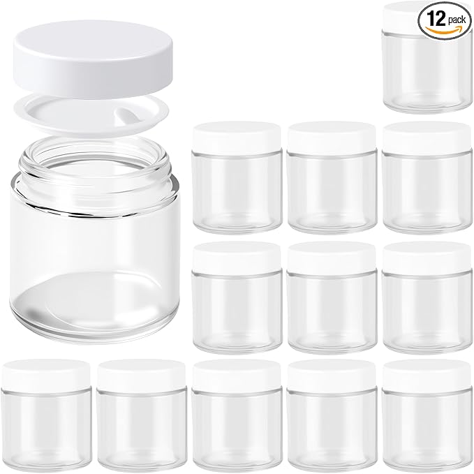 4oz Jars with Lids, Hoa Kinh 12 Pack Clear Glass Jars with Lids Empty Cosmetic Containers Round Airtight Glass Jar with Inner Liners and White Lid for Storing Lotions, Powders, and Ointments