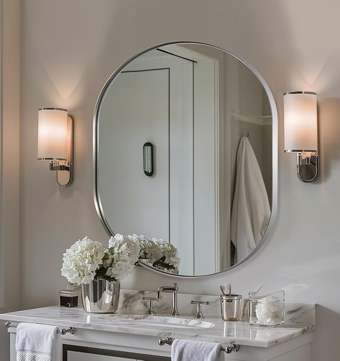 ANDY STAR 30x36'' Oval Mirror, Chrome Oval Mirror Pill-Shaped Design in Stainless Steel Metal Frame for Bathroom, Entryway, Living Room, Contemporary 1" Deep Wall Mount Vertical or Horizontal