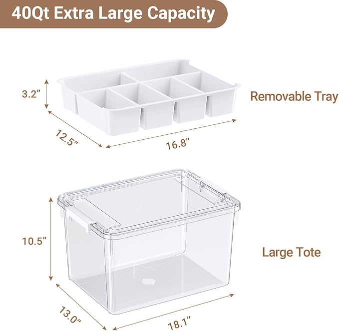 40Qt Large Stackable Storage Bin with Lid & Tray, Clear Plastic Latching Box Organizer with Divider Portable 10Gal Container for Arts & Crafts, Home and Car Trunk Organization, 1Pack