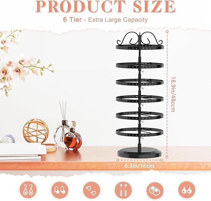 iDavosic.ly 6 Tier Metal Rotating Earring Holder Organizer, 264 Holes Large Stud Storage Display Stands Tree Rack, Adjustable Pierced Hoop Dangle Tower for Women, Black