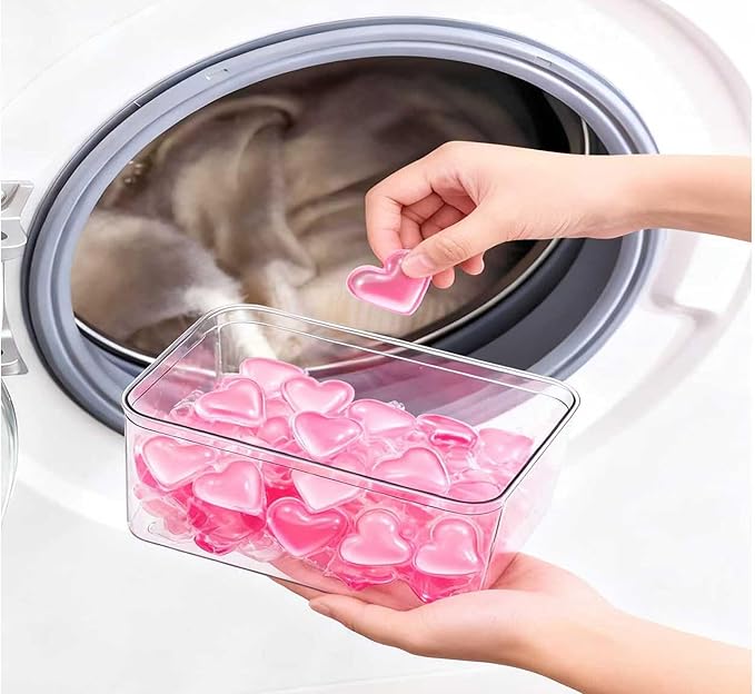 4+2-Piece Laundry Storage box: Includes transparent laundry pod storage box (with wooden lid and label) and liquid detergent container. Suitable for fabric softener, powder detergent, and laundry pods