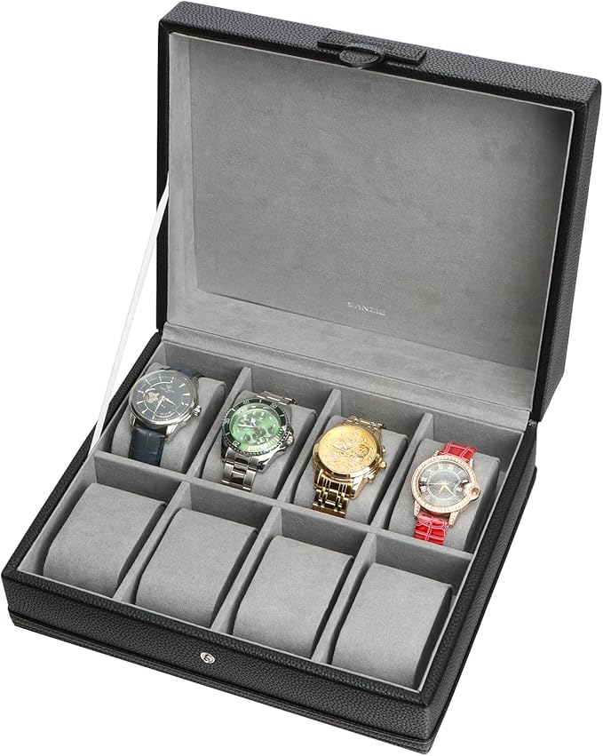 SANZIE 8-Slot Watch Box for Mens Watch Case with Removable Watch Pillows, Watch Holder Organizer Watch Storage with Grey Lining & Black Synthetic Leather (Black)