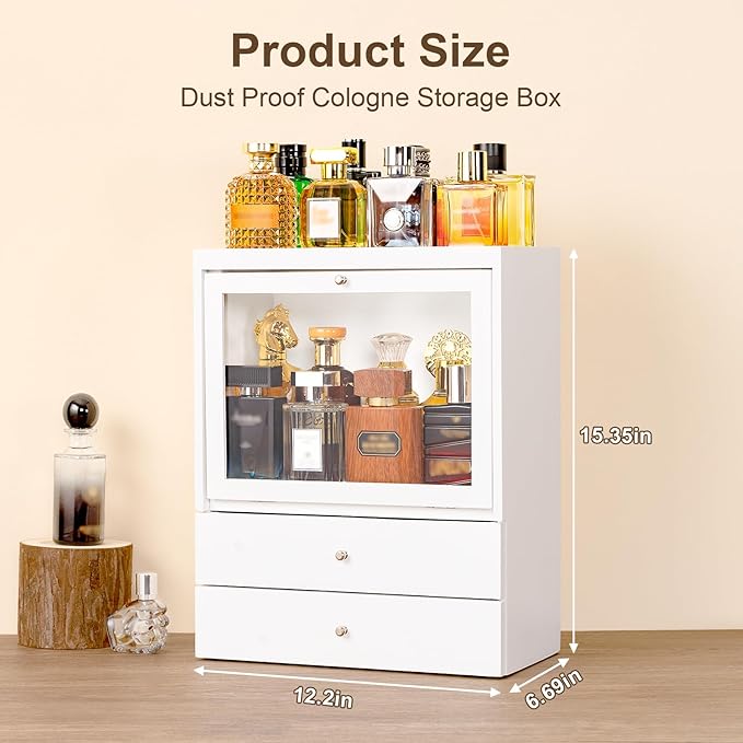 Emfogo Cologne Organizer, 4 Tier Vertical Wood Perfume Stand for Men, Large Capacity Dustproof Perfumes Organizer Cologne Stand with Double Drawer Storage, Gift for Loved ones (White)