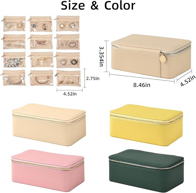 Travel Jewelry Box,Jewelry Travel Organizer for Women, Travel Jewelry Case with 12pcs Velvet Jewelry Pouches for Necklaces Rings Earrings Sorting Storage(Beige