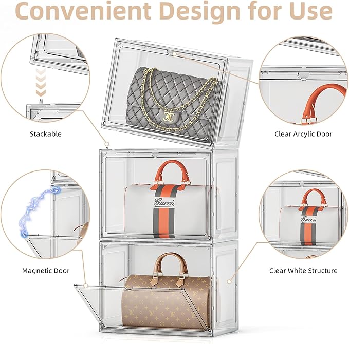 5 Pack Purse Organizer for Closet, Handbag Storage Organizer Stackable Display Case with Magnetic Door, Closet Storage Bins for Handbag, Purse, Backpack, Collectibles, White