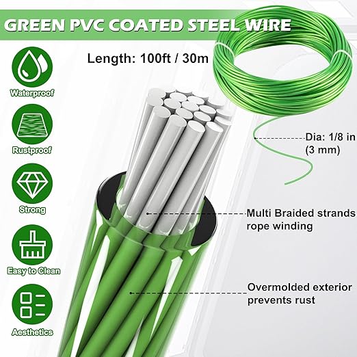Turnbuckles for Cables Wires, 1/8" X 100Ft Green PVC Coated Cable Kit, Multi-use Wire Rope for Clothesline Wire for T Post/Grape Vine/String Light Hanging Kit