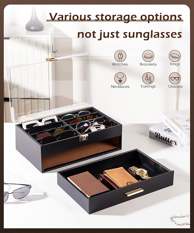 Homde Sunglasses Case Carbon Fibre: Large Organizer for Men Bedroom Dresser - Acrylic Clear Display Holder for Glasses & Jewelry