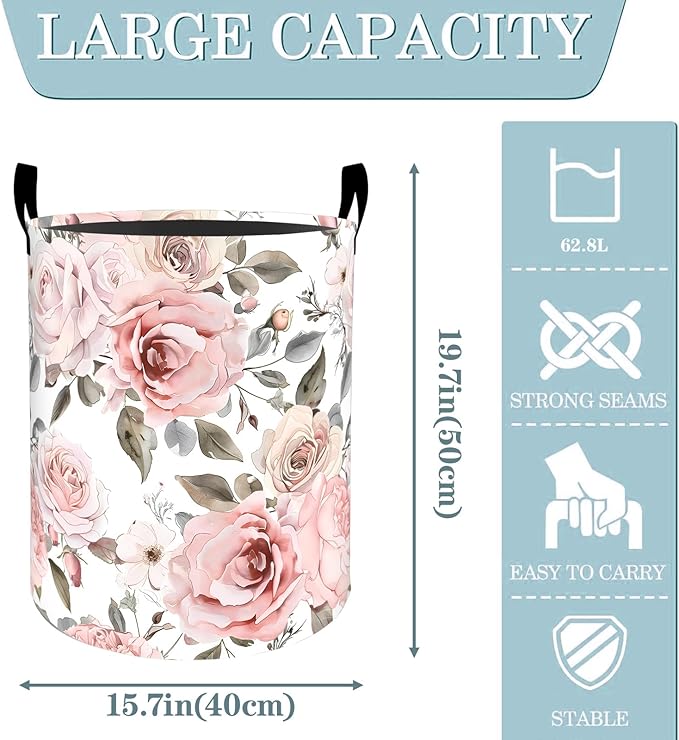 Elegant Rose Pink Floral Laundry Basket, Dirty Collapsible Clothes Toy Organizer Hamper for Kids Adults, Oxford Cloth Waterproof Storage Bin for Bedroom Bathroom Home Decor Gifts, 19.7"X15.7"