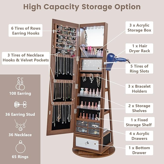 GOFLAME 360 Rotating Jewelry Cabinet with Full Length Mirror, Standing LED Jewelry Armoire, Lockable Organizer with Hair Dryer Rack, Back Storage Shelves, Inner Makeup Mirror, Walnut
