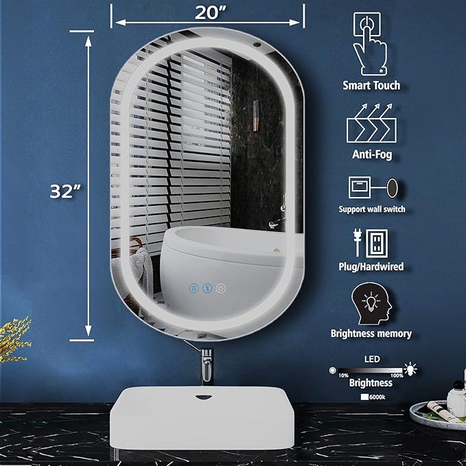 32 x 20 Inch Oval LED Bathroom Mirror with Front Lights Smart Memory 3 Color Adjustable Brightness Anti-Fog 32 Inch Oval Lighted Vanity Mirror for Bathroom Wall Horizontal Vertical Mounted