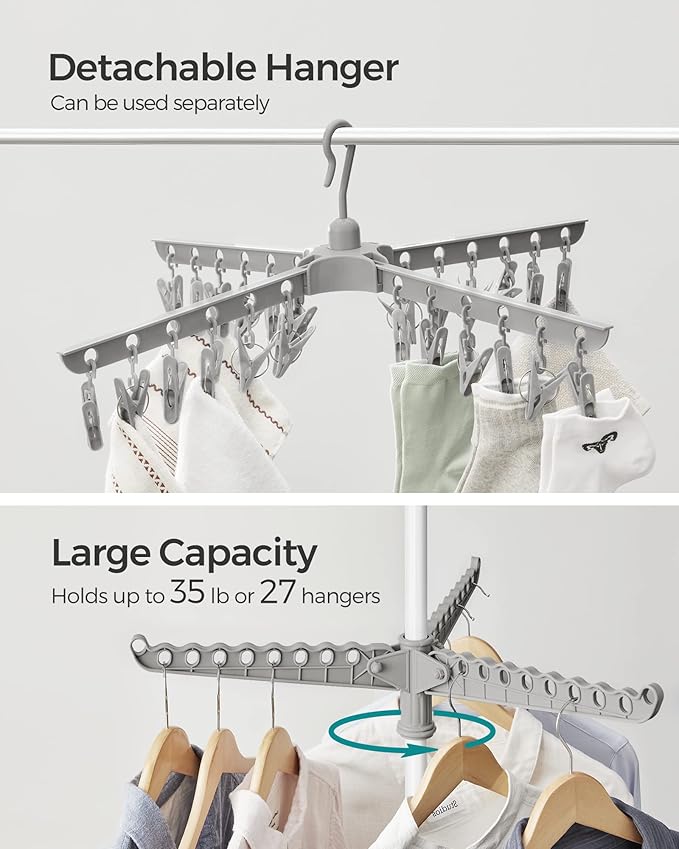 SONGMICS 2-Tier Clothes Drying Rack, 72-Inch Folding Laundry Drying Rack with 3 Rotatable Arms for Hangers, 24 Clips, Stainless Steel, for 27 Pieces of Clothes, Gray and White ULLR512G01