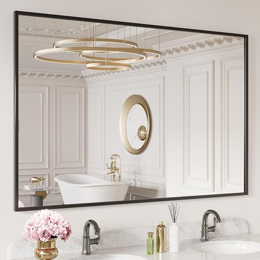 LOAAO 60"X40" Black Rectangle Bathroom Mirror Wall, Matte Black Aluminum Alloy Frame, Tempered Glass, Hangs Vertically or Horizontally, Easy to Install