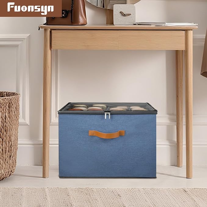 2-Pack Shoe Storage Organizer for Closet - Large Capacity Fits 16-32 Pairs, Clear Cover with Reinforced Handles, Adjustable Dividers, Dustproof Stackable Containers, Navy Blue