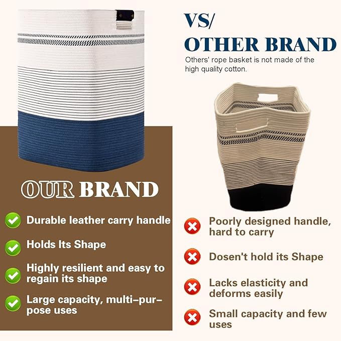 Laundry Hamper, 95L Tall Laundry Basket with Leather Handles, Rectangle Large Clothes Hamper for Organizing, Cotton Woven Laundry Baskets Storage Hampers for Bedroom, Nursery, Living Room