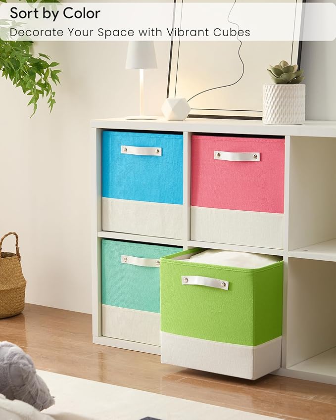 Storage Cube Bins | 7.7 oz/yd² Fabric Cubby Organizer Baskets for Shelf, Closet, Cabinet, Wardrobe | KALLAX Shelving Unit Insert Drawer | 4 Pack, Macaron & Cream White, 13x15x13 Inch