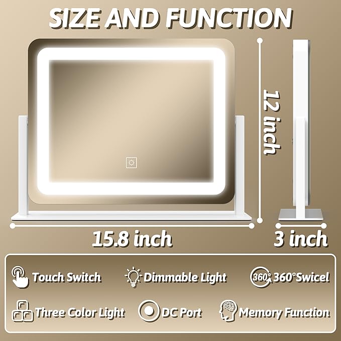 FENNIO Vanity Mirror with Lights, 12" x 16" Lighted Makeup Mirror with Smart Touch Control, 3 Color Modes & Brightness Adjustable, LED Makeup Mirror with 10X Magnification, 360° Rotation for Bedroom