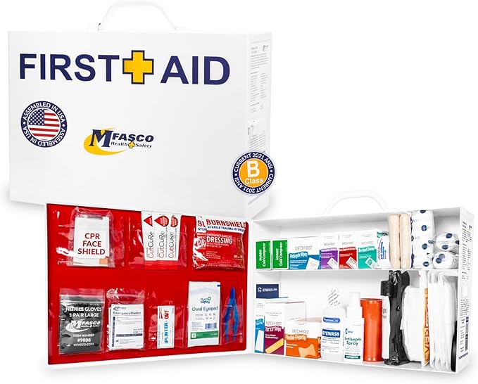 MFASCO 2 Shelf First Aid Cabinet - ANSI/OSHA Class B Type I & II - Medi First Brand Bandages - Carry or Wall Mount - Easy Restock & Refill - - White Enamel Finish - 226 Pcs - 16"x11"x4 7/8"
