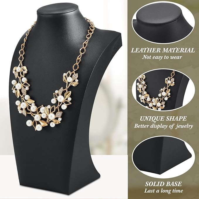 Kigley 3 Pcs Black PU Leather Jewelry Bust Display Necklace Display Stand Necklace Mannequin Holder for Jewelry Displays(11.42 x 6.89 Inch)