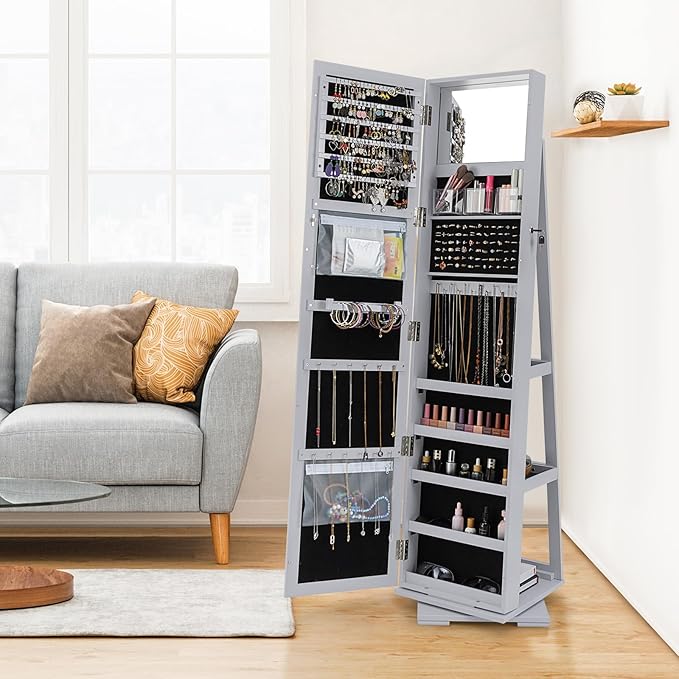 360° Swivel LED Mirror Jewelry Cabinet with Full Length Mirror, Lockable Floor Standing Mirrored Jewelry Armoire Organizer w/Inside Makeup Mirror & Back Storage Shelves, Space-Saving (Gray)
