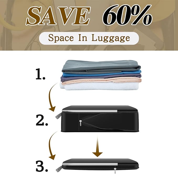 Hosuly 6 Pcs Compression Packing Cube Bag Extra Large Travel Expandable Space Saving Organizers XL for Luggage Storage(Black 02,11 x 7 '')
