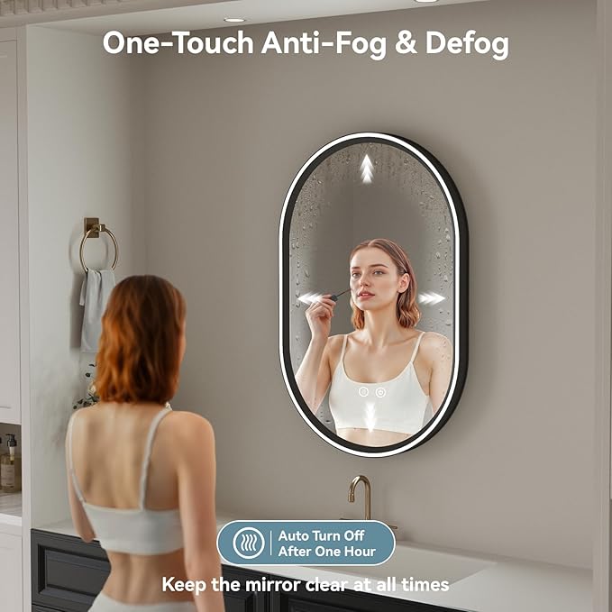 Led Bathroom Mirror with Lights, 24'' x 36'' Oval Heavy Duty Aluminum Frame Bathroom Vanity Mirror with Lights, 3 Colors, Brightness Stepless Dimmable, Anti-Fog, Memory Function, Single LED Black