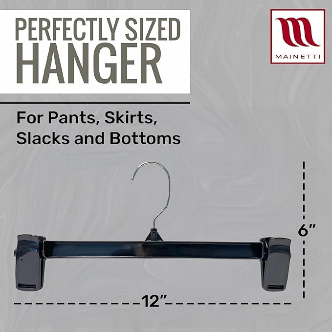 Mainetti 6012 Recycled Black Plastic Hangers - 100 Pack with Rotating Metal Hook and Sturdy Plastic, Great for Pants/Skirts/Slacks/Bottoms, 12-Inch