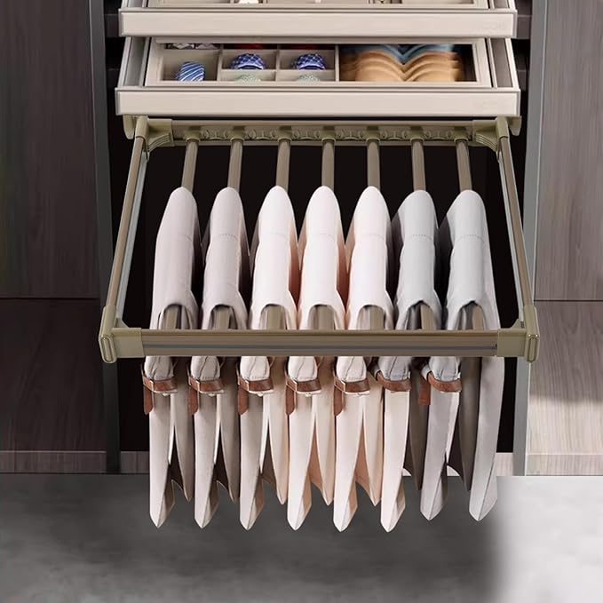 11 Arms Slide Out Pants Rack Closet Pants Hanger Bar Pull Out Trousers Rack Tie Belts Scarf Racks, Top Mounted Wardrobe Clothes Organizers Rail Pull Out Closet Storage Rod-Champagne