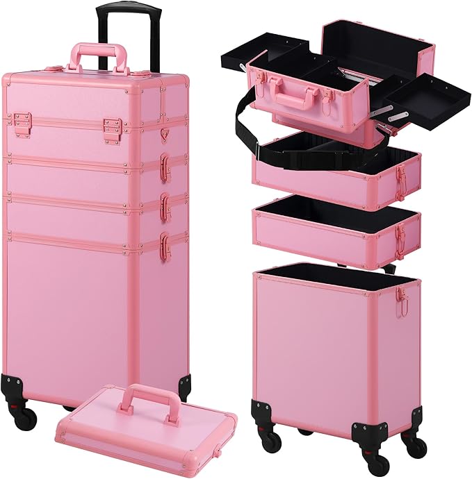 Makeup Train Case, Rolling Makeup Case with Lid, 5 in 1 Cosmetology Case on Wheels, Christmas Gift, Large Makeup Case Organizers, Profesional Cosmetic Case for Salon Barber, Pink